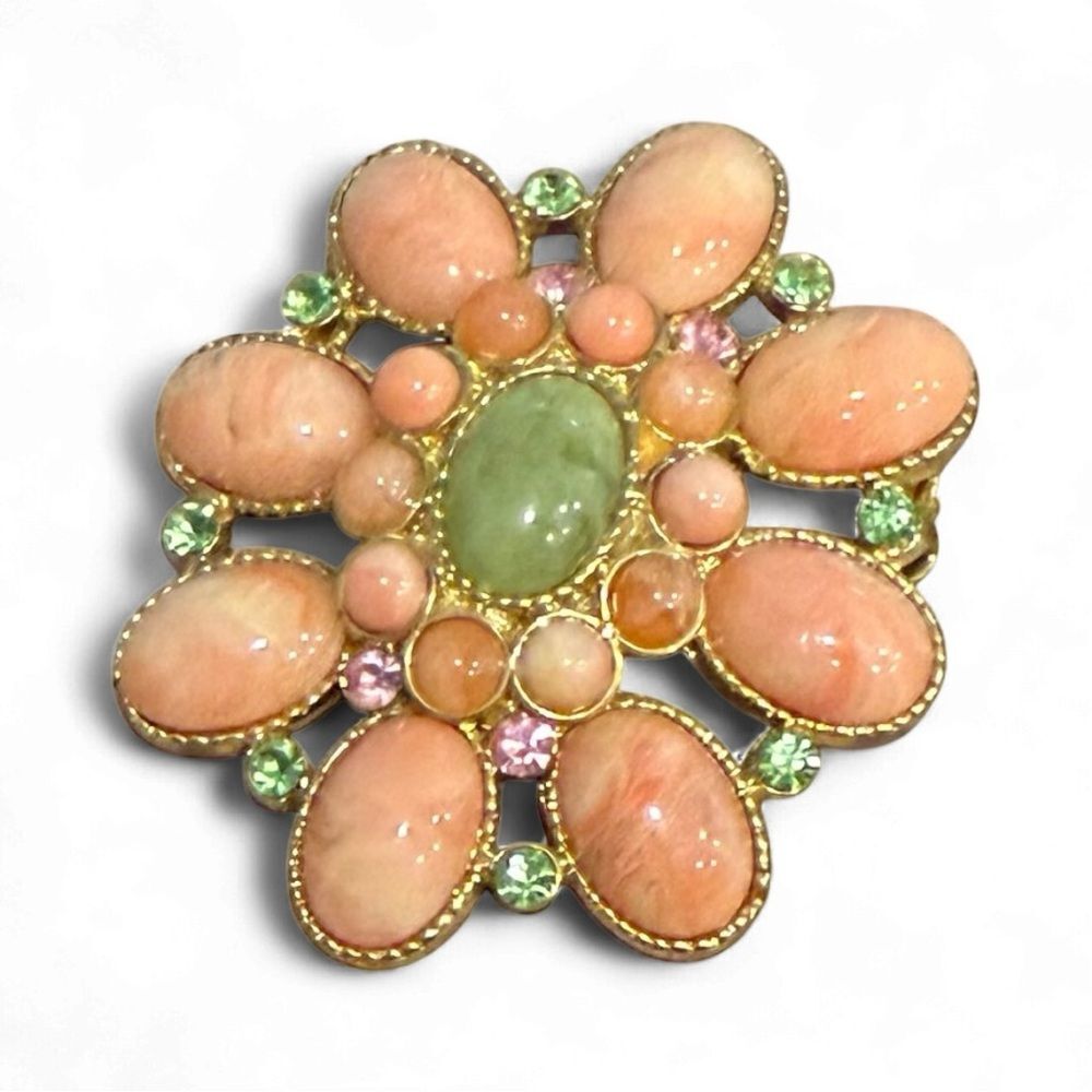 Vintage Gold-Tone Floral Brooch Peach & Green Cabochons